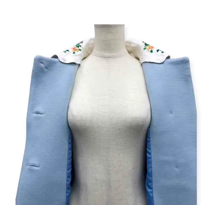 New Traditional Crafts Horizontal Embroidery 3-way High-quality Stainless Melton Wool Coat Light Blue One-of-a-kind Rare Flower