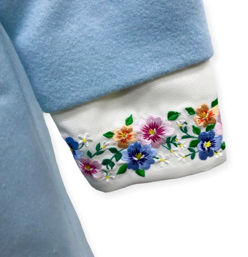 New Traditional Crafts Horizontal Embroidery 3-way High-quality Stainless Melton Wool Coat Light Blue One-of-a-kind Rare Flower