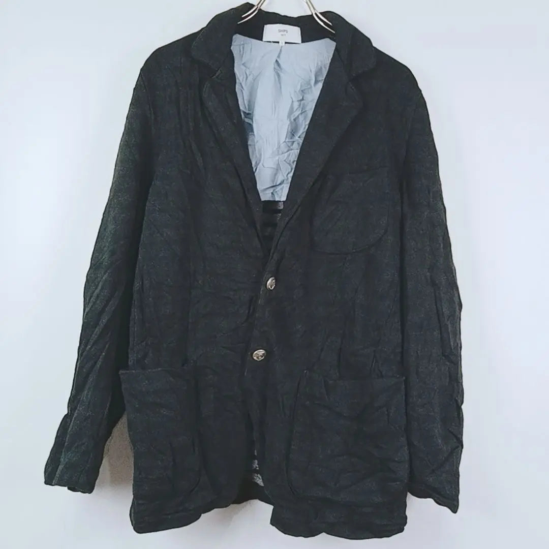 [SHIPS] Black cotton jacket border pattern L Length 70 | 【SHIPS】黒のコットンジャケット　ボーダー柄　L　着丈70