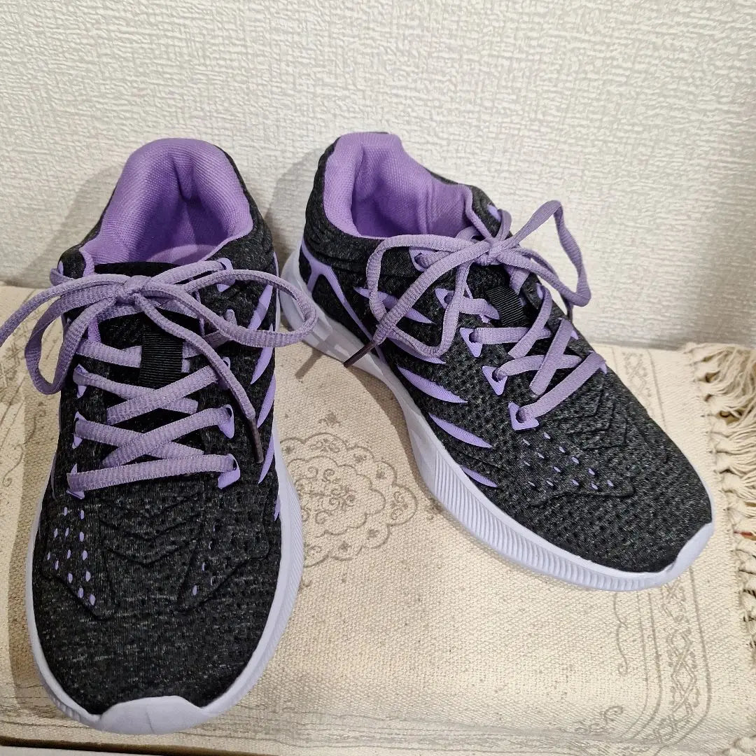 23.0cm Black and Purple Mesh Women's Sneakers