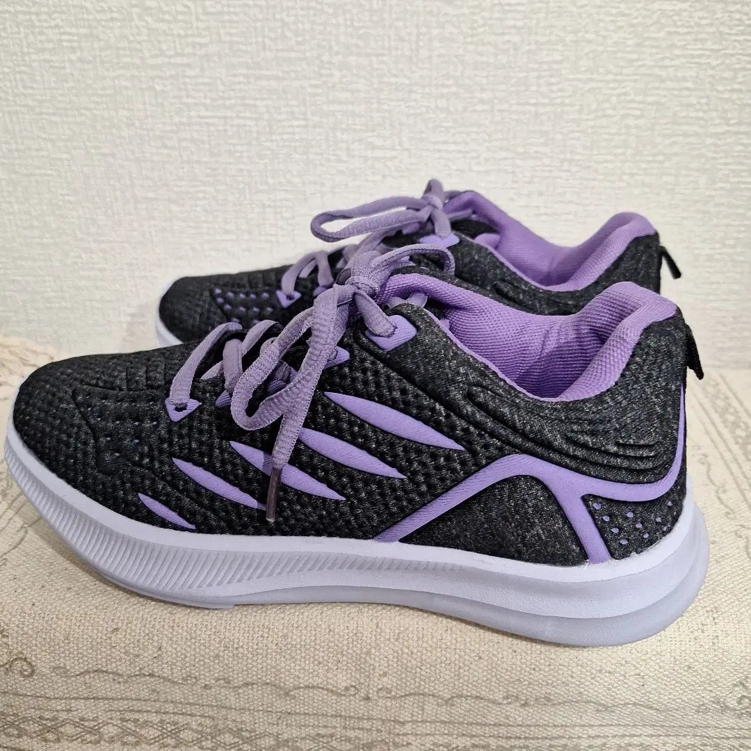 23.0cm Black and Purple Mesh Women's Sneakers