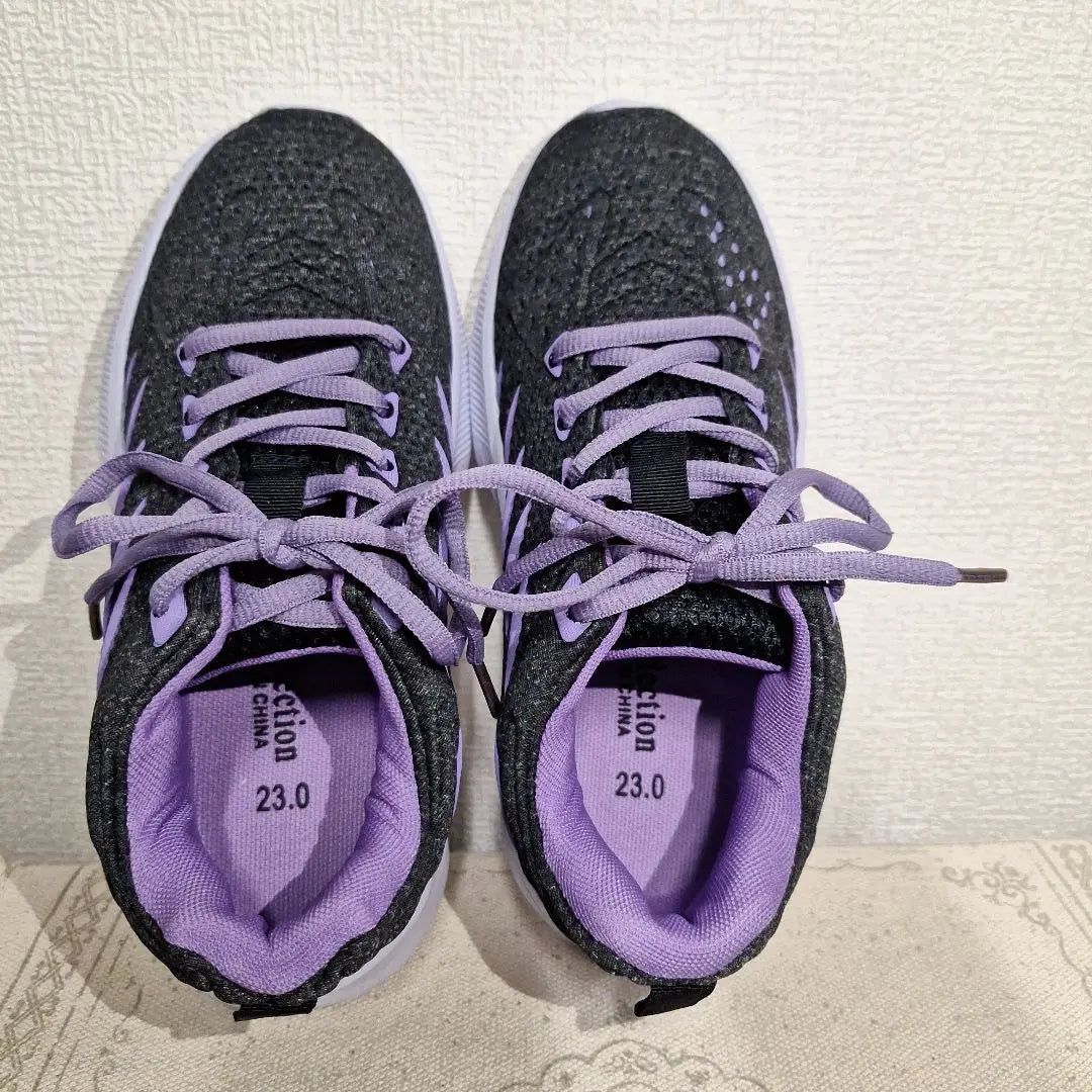 23.0cm Black and Purple Mesh Women's Sneakers