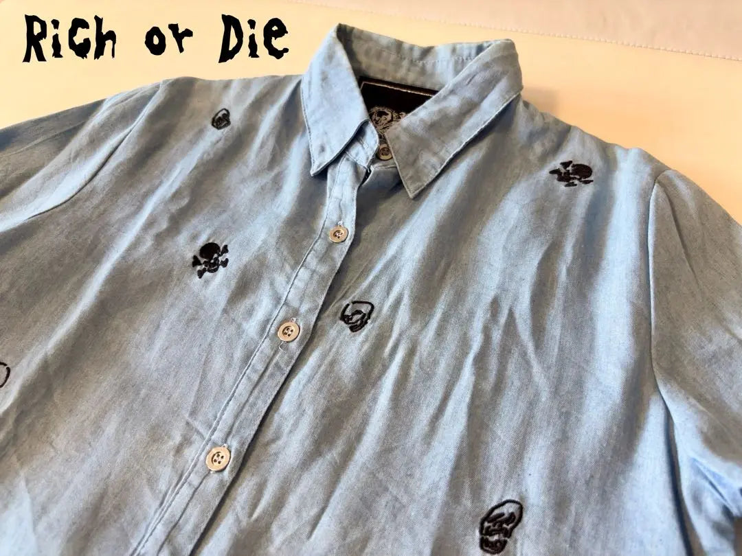 Rich or Die Skull embroidery button shirt blue