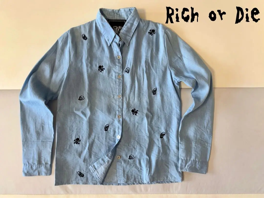 Rich or Die Skull embroidery button shirt blue