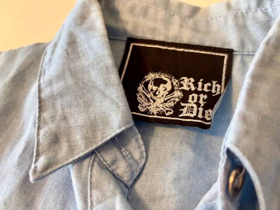 Rich or Die Skull embroidery button shirt blue