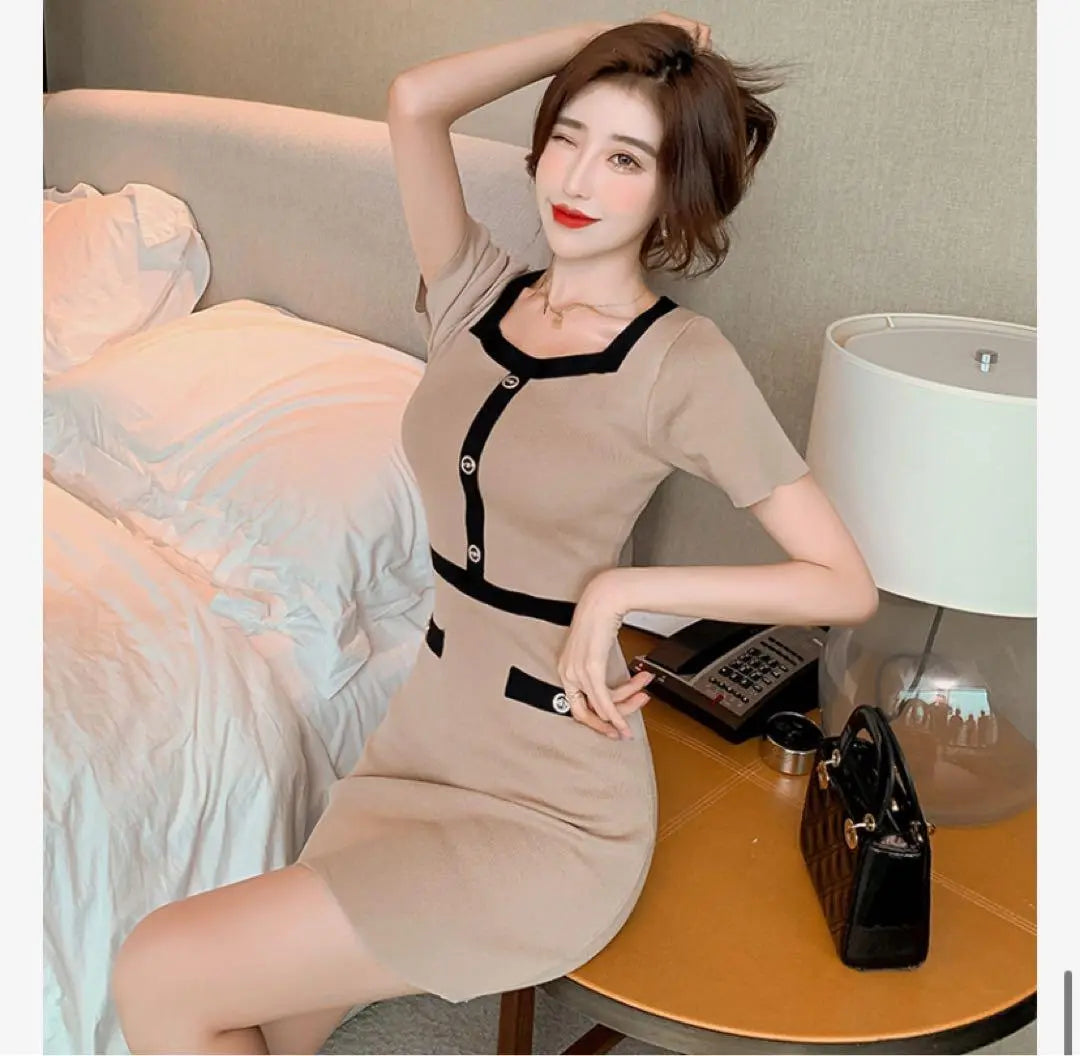 Dress Mini Length Beige Korea Elegant Sexy Beautiful Dress