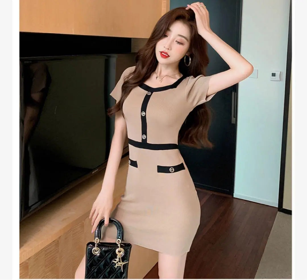 Dress Mini Length Beige Korea Elegant Sexy Beautiful Dress