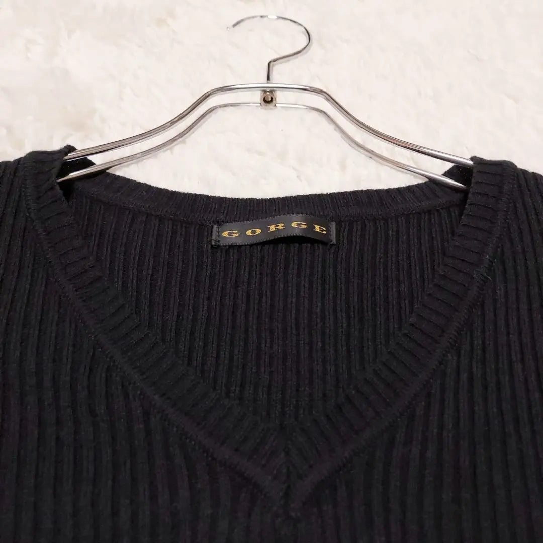 GORGE V-neck Rib Knit M Black Long Sleeve Simple Casual Basic