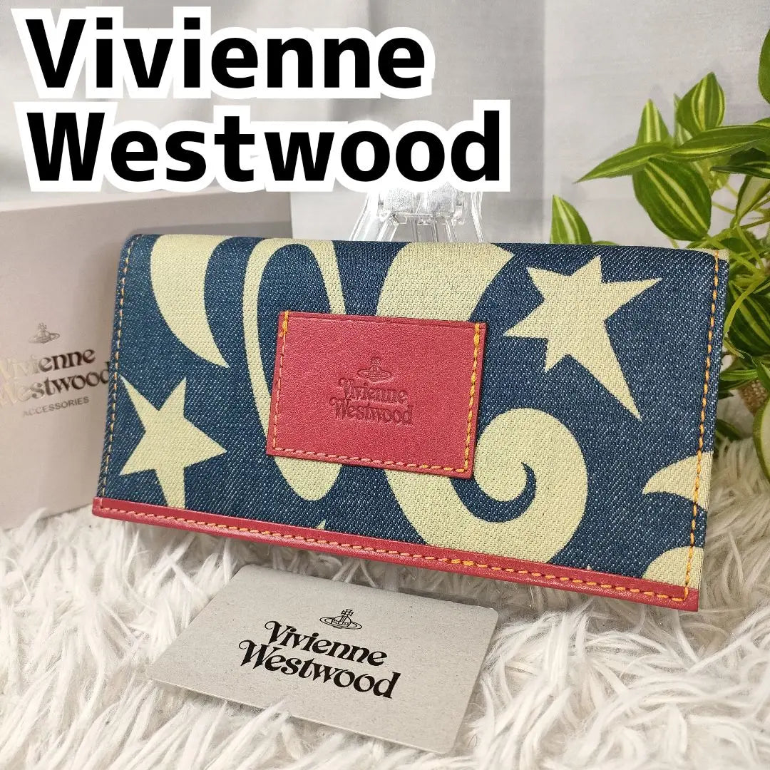 Vivienne Westwood Long Wallet All-over Pattern Orb Leather Denim Red ✨ Extremely Rare