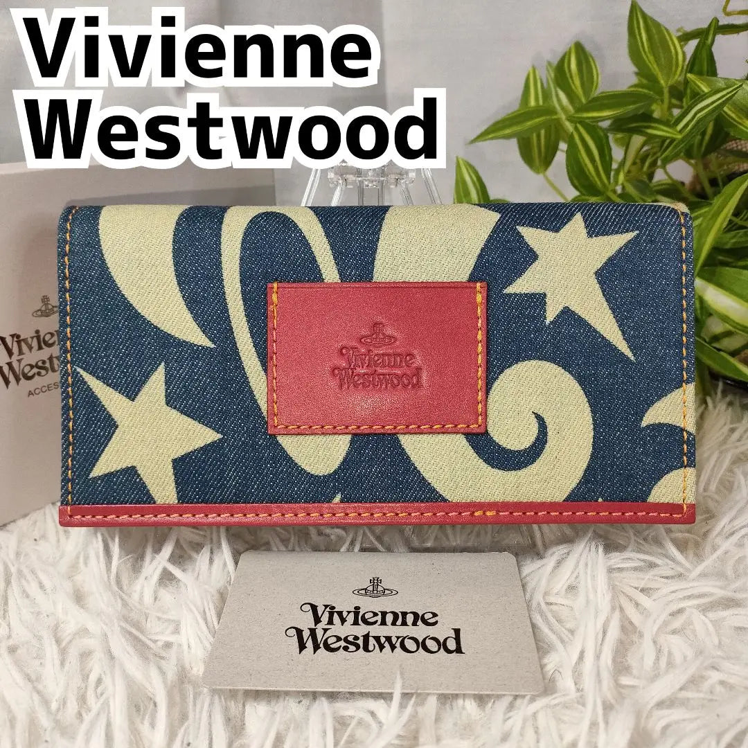 Vivienne Westwood Long Wallet All-over Pattern Orb Leather Denim Red ✨ Extremely Rare