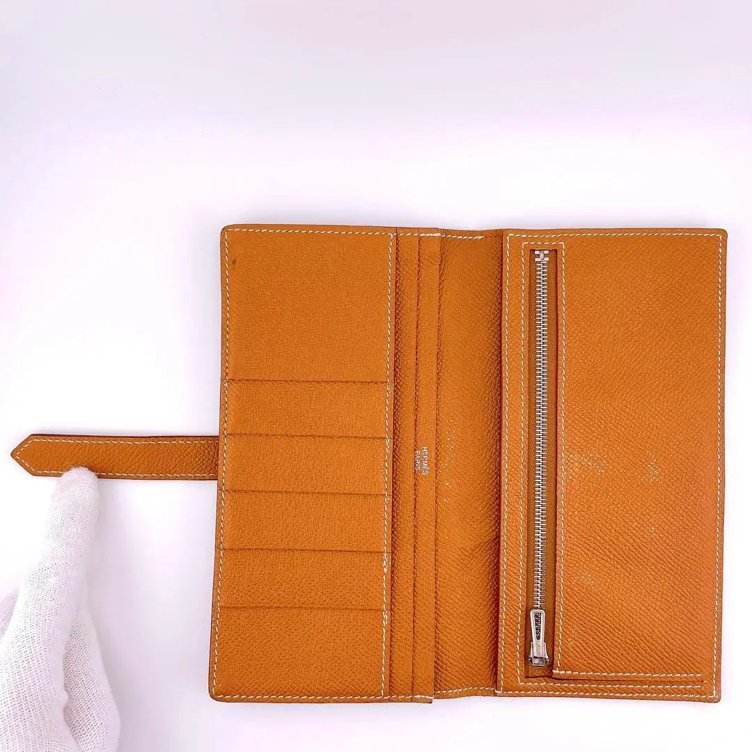 ★Hermes★ Bifold wallet, long wallet, Bean Souffle, Vaud Epson, brown