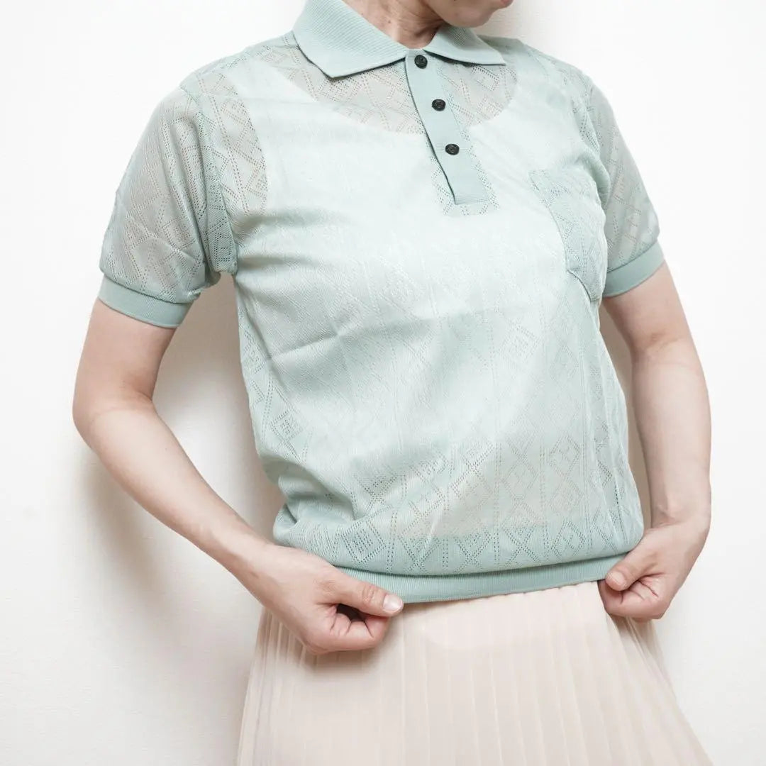 Polo shirt, sheer, geometry, transparency, Showa retro vintage, one-of-a-kind