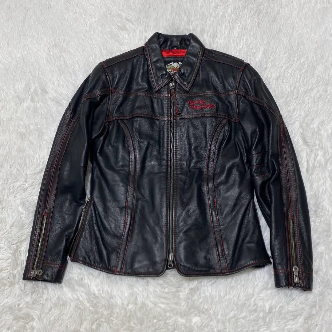 Chaqueta de cuero genuino para un solo conductor Harley Davidson con logotipo bordado talla S negra