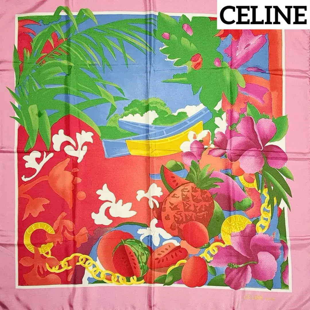 ★CELINE★ Large scarf, tropical sea, fruit, flower, boat, silk, pink