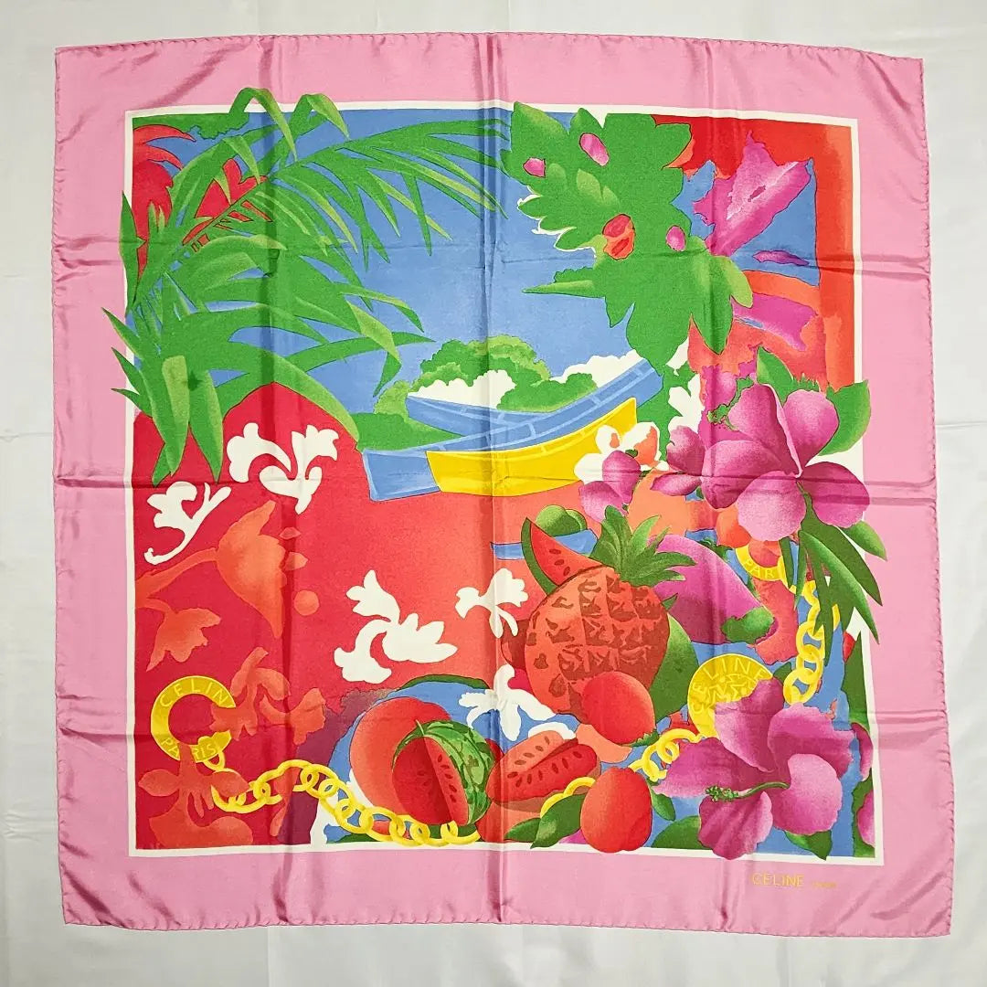 ★CELINE★ Large scarf, tropical sea, fruit, flower, boat, silk, pink