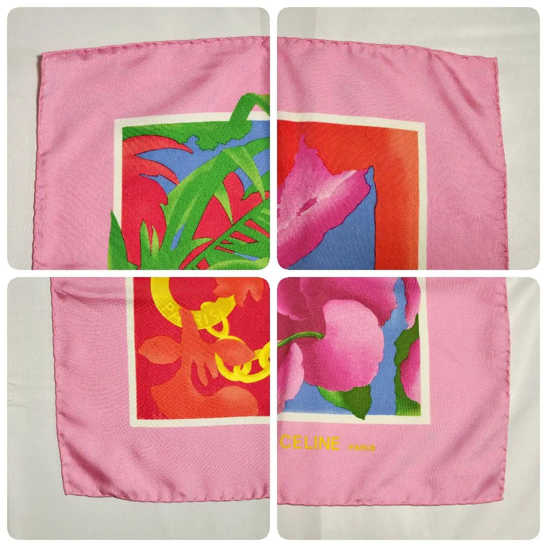 ★CELINE★ Large scarf, tropical sea, fruit, flower, boat, silk, pink