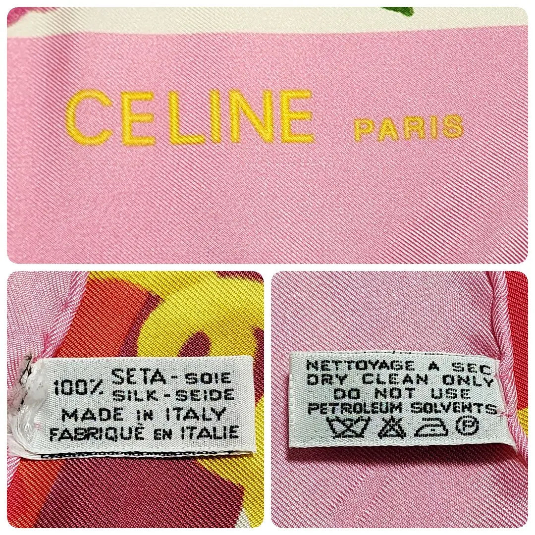 ★CELINE★ Large scarf, tropical sea, fruit, flower, boat, silk, pink