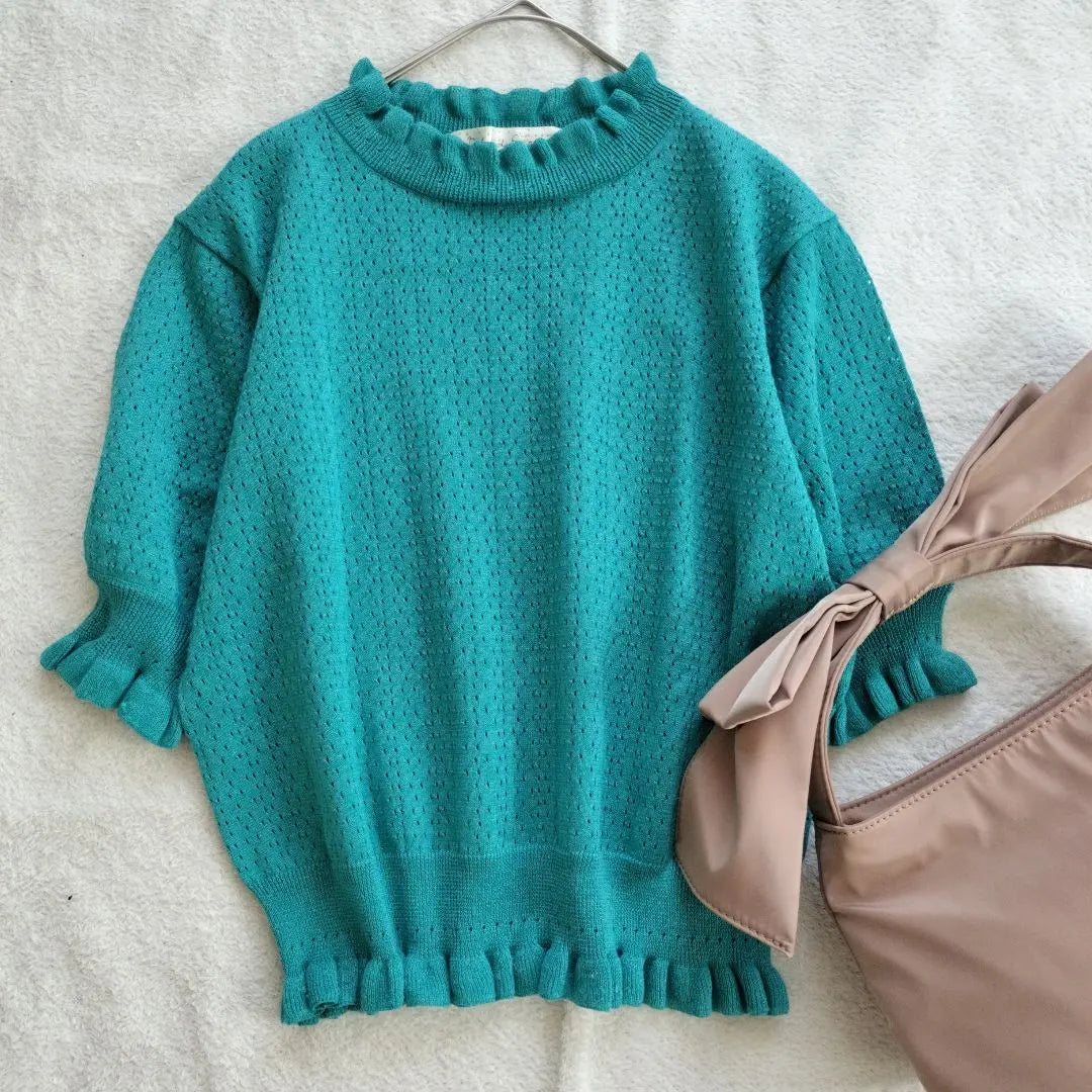 Superb condition dotandstripes short sleeve summer knit F short length transparent green ruffles