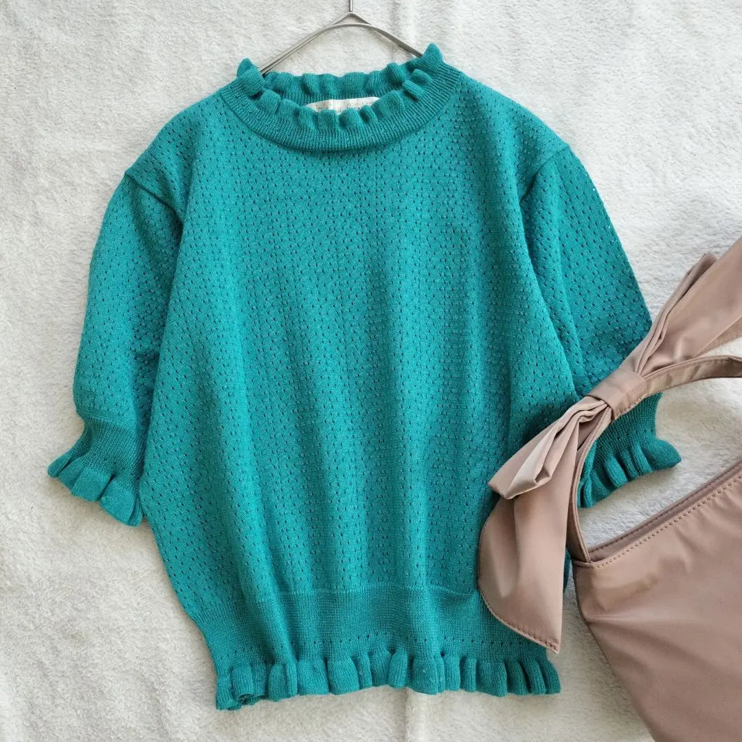 Superb condition dotandstripes short sleeve summer knit F short length transparent green ruffles