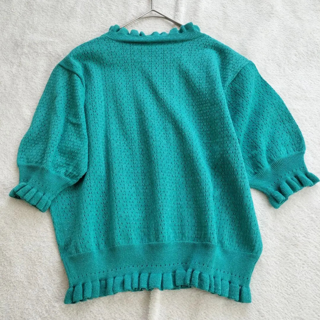 Superb condition dotandstripes short sleeve summer knit F short length transparent green ruffles