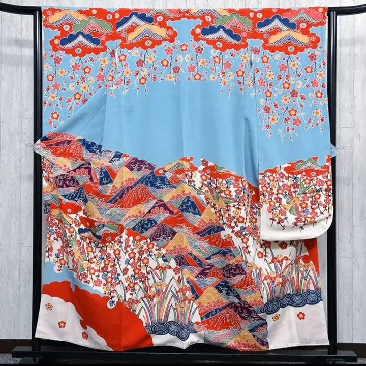 [Autenticidad garantizada] Kuriyama Yoshisaburo Kuriyama Bingata Furisode Teñido japonés Bingata Crepe Kimono azul claro Ceremonia de mayoría de edad