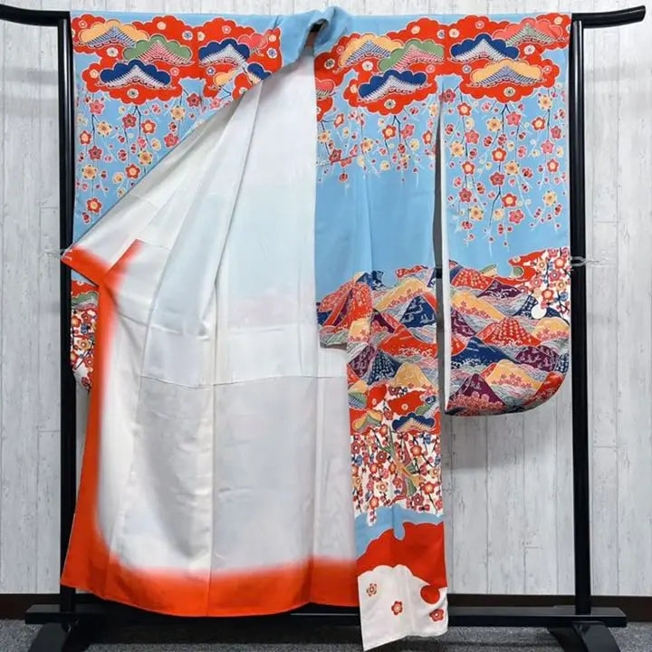 [Autenticidad garantizada] Kuriyama Yoshisaburo Kuriyama Bingata Furisode Teñido japonés Bingata Crepe Kimono azul claro Ceremonia de mayoría de edad