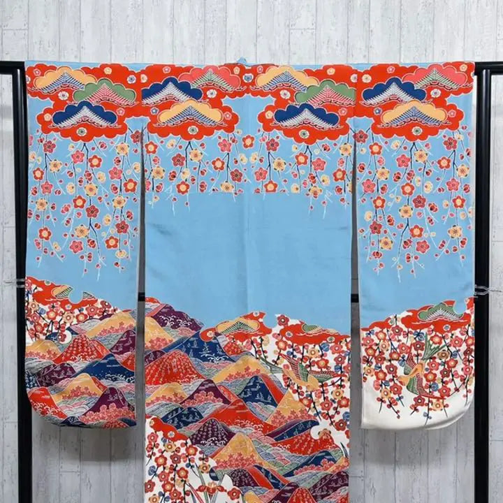 [Autenticidad garantizada] Kuriyama Yoshisaburo Kuriyama Bingata Furisode Teñido japonés Bingata Crepe Kimono azul claro Ceremonia de mayoría de edad