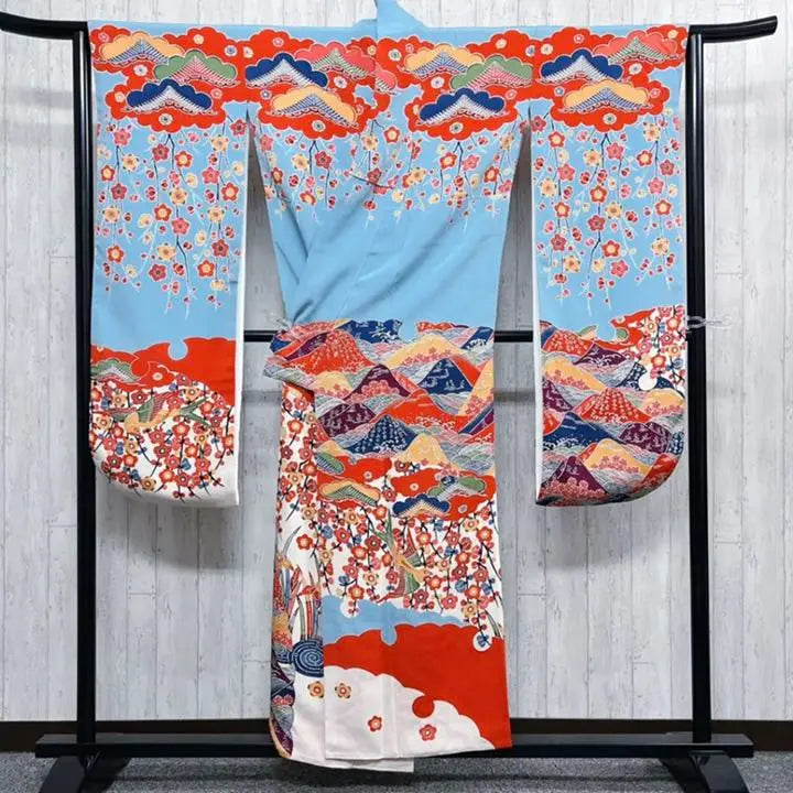 [Autenticidad garantizada] Kuriyama Yoshisaburo Kuriyama Bingata Furisode Teñido japonés Bingata Crepe Kimono azul claro Ceremonia de mayoría de edad