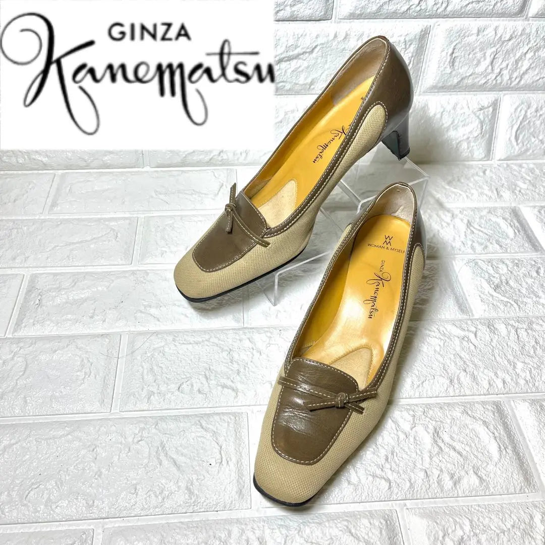 [Casi sin usar] Zapatos de tacón beige Ginza Kanematsu con cinturón y punta cuadrada | 【ほぼ未使用】銀座かねまつ ベージュ パンプス ベルト スクエアトゥ