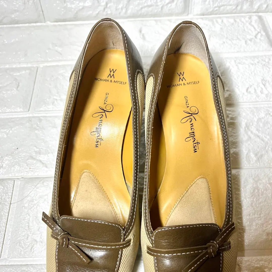 [Casi sin usar] Zapatos de tacón beige Ginza Kanematsu con cinturón y punta cuadrada | 【ほぼ未使用】銀座かねまつ ベージュ パンプス ベルト スクエアトゥ