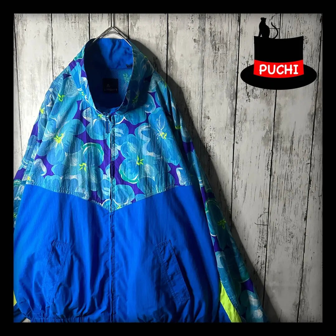 [All-over pattern blouson nylon jacket] 80s 90s ☆ Retro ☆ L ☆ Loose dowel ☆ Light blue