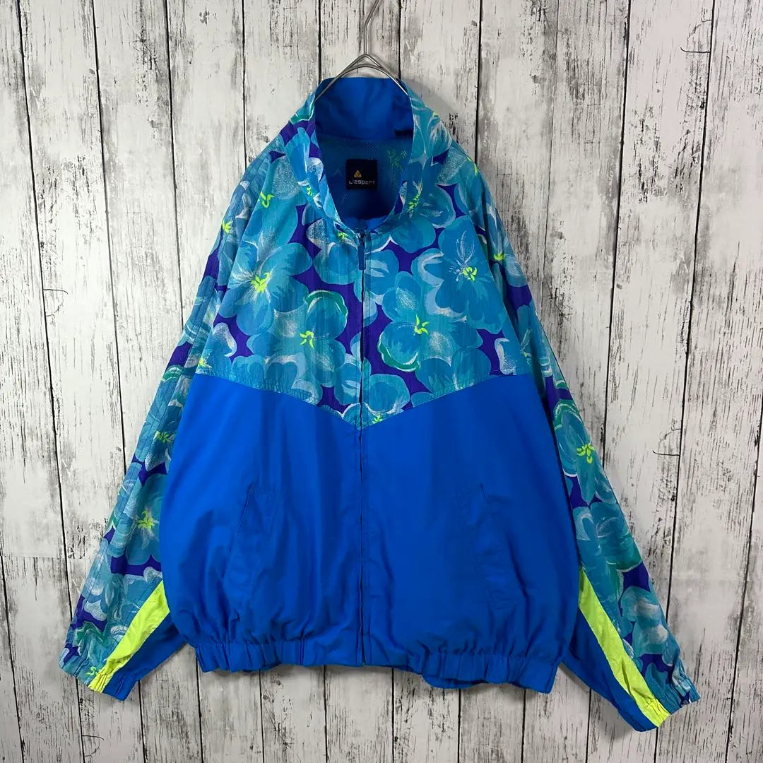 [All-over pattern blouson nylon jacket] 80s 90s ☆ Retro ☆ L ☆ Loose dowel ☆ Light blue