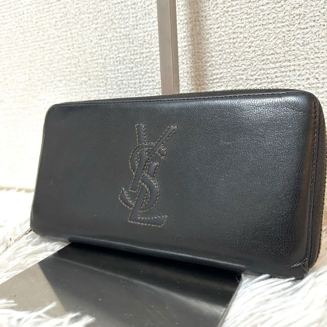 [Beautiful condition✨Embossed logo] Yves Saint Laurent round zip long wallet black leather leather