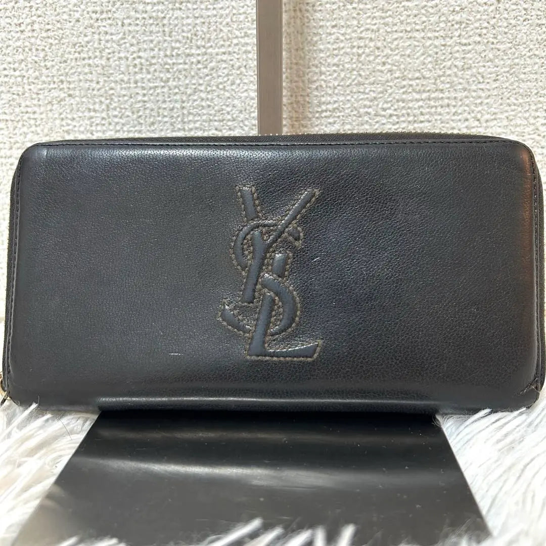 [Beautiful condition✨Embossed logo] Yves Saint Laurent round zip long wallet black leather leather