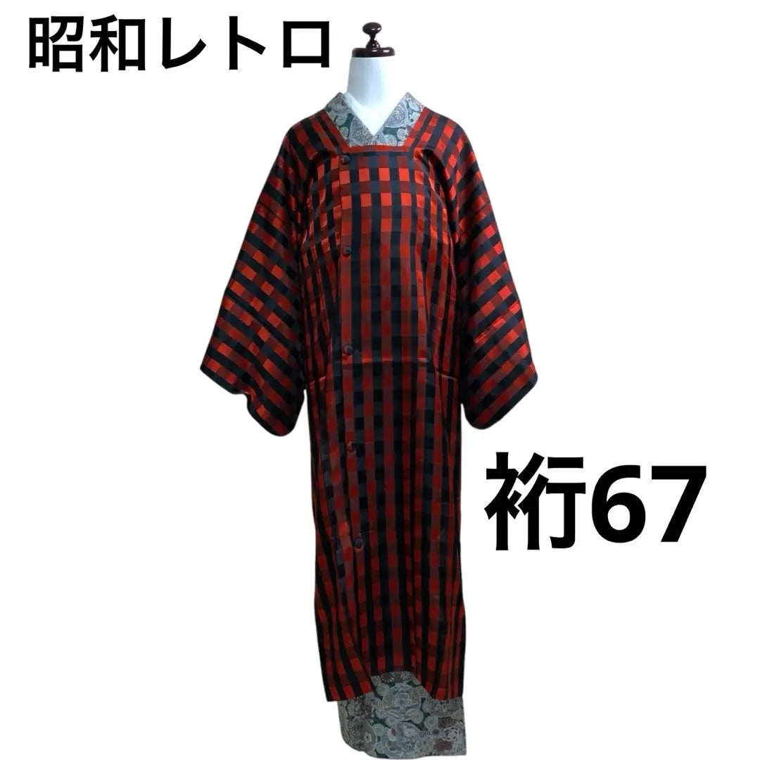 Showa retro antique long michiyuki coat red check c4