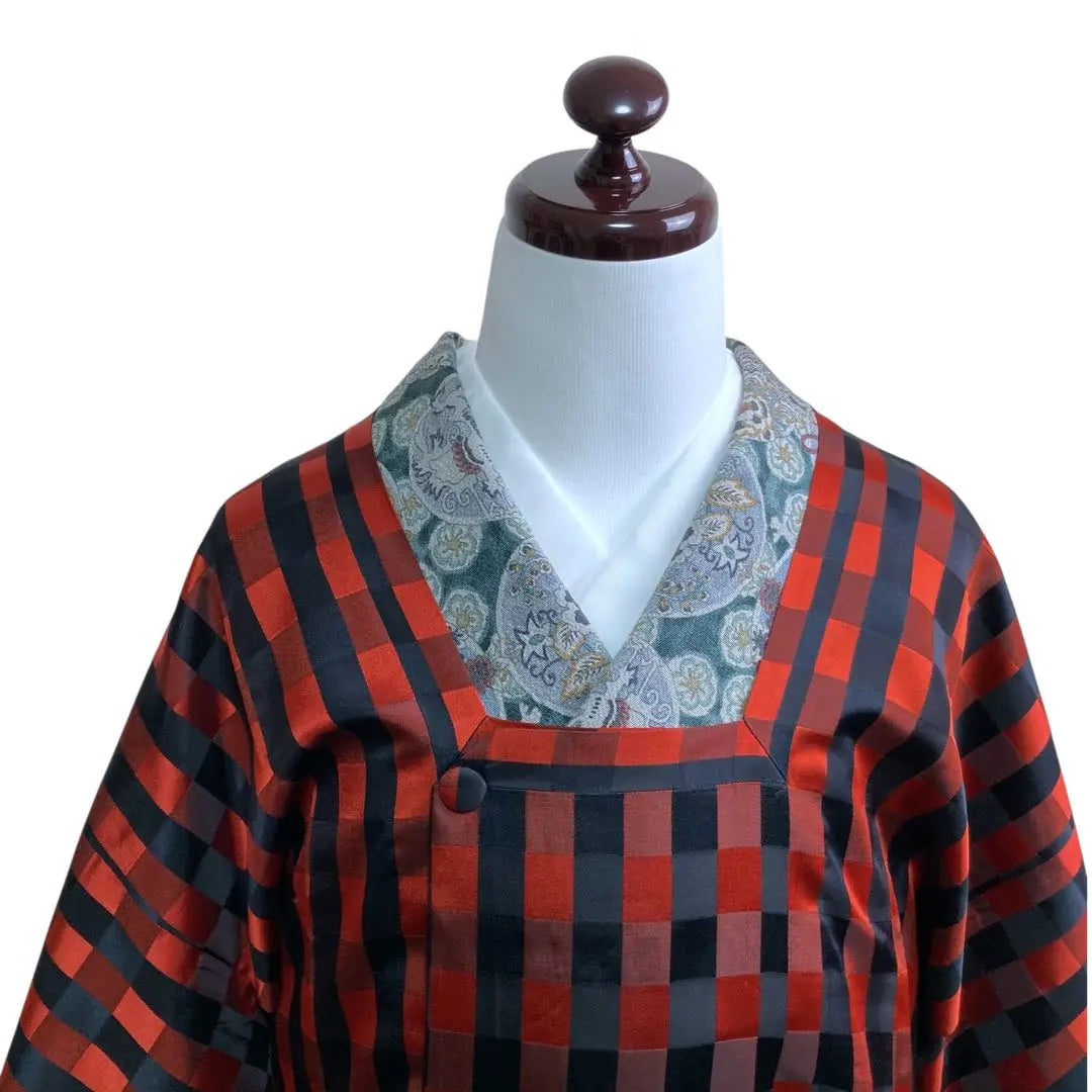 Showa retro antique long michiyuki coat red check c4