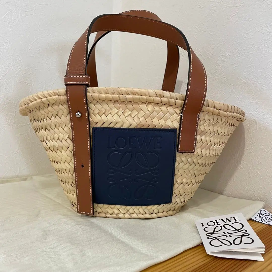 Loewe Anagram Basket Small Raffia Leather Basket Bag Navy