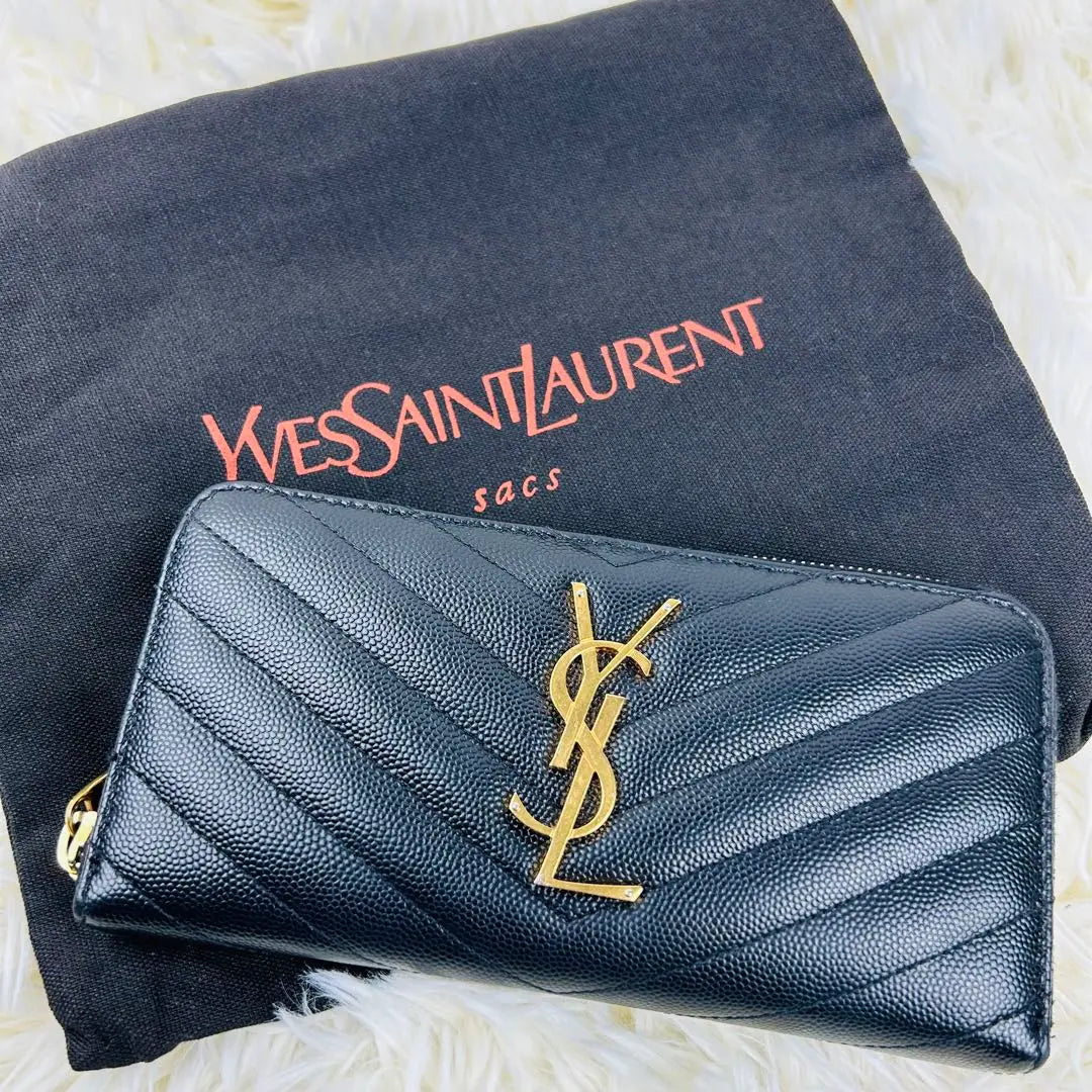 Beautiful Saint Laurent Long Wallet V-stitched Caviar Skin Round Zipper Black