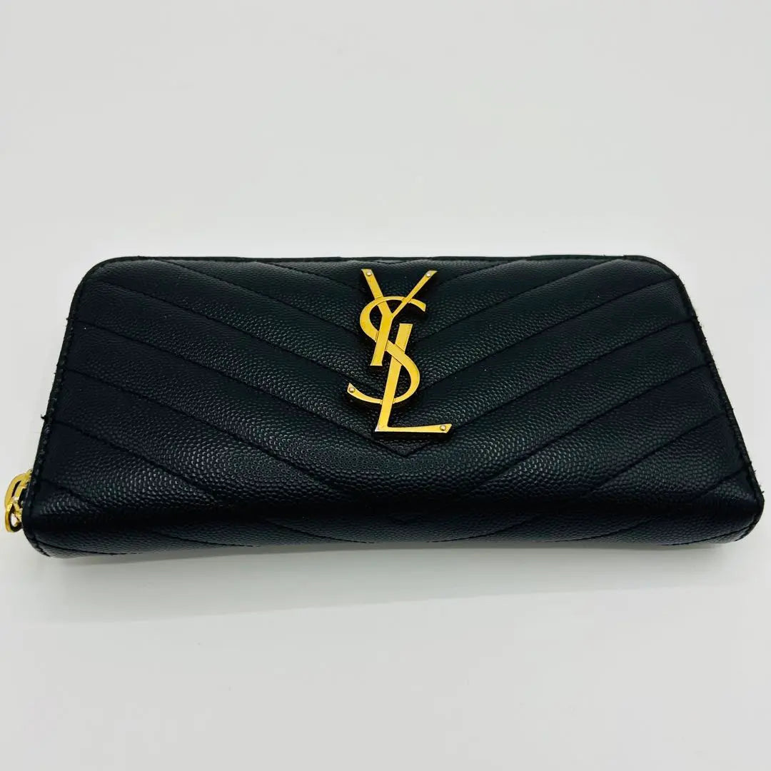 Beautiful Saint Laurent Long Wallet V-stitched Caviar Skin Round Zipper Black