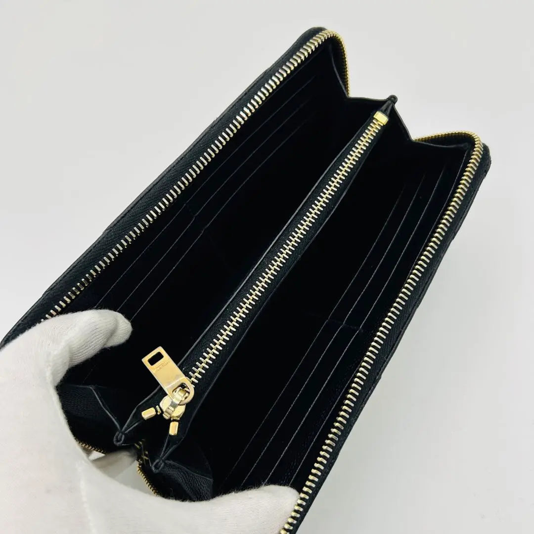 Beautiful Saint Laurent Long Wallet V-stitched Caviar Skin Round Zipper Black