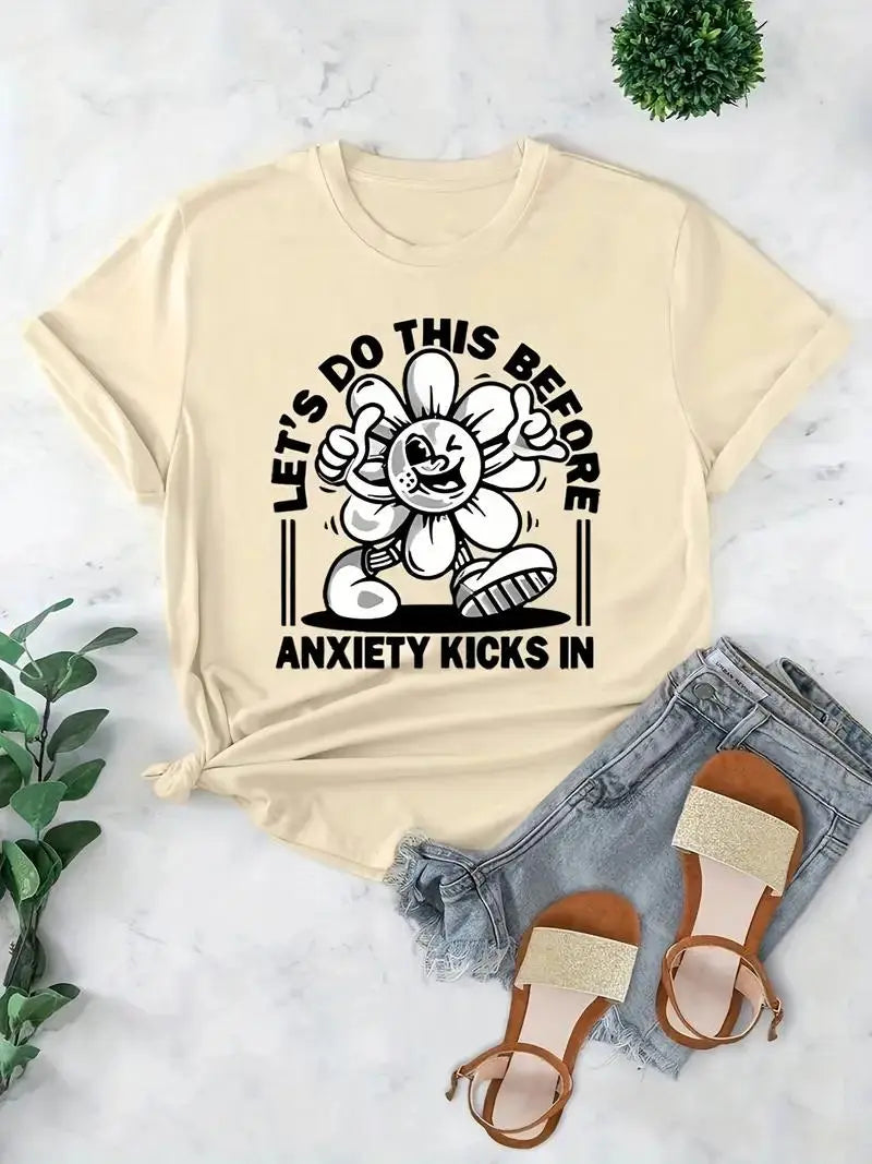 Before you get worried, go, enjoyable anime lively sunflower letter print short sleeve T-sha | 不安になる前に、行こう、楽しいアニメの活気あるサンフラワー文字プリント半袖Tシャ