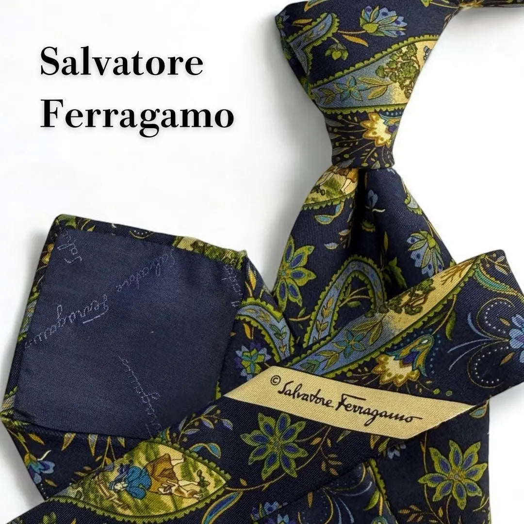 [Limited] Salvatore Ferragamo High-brand Silk Tie Flower Italy Navy