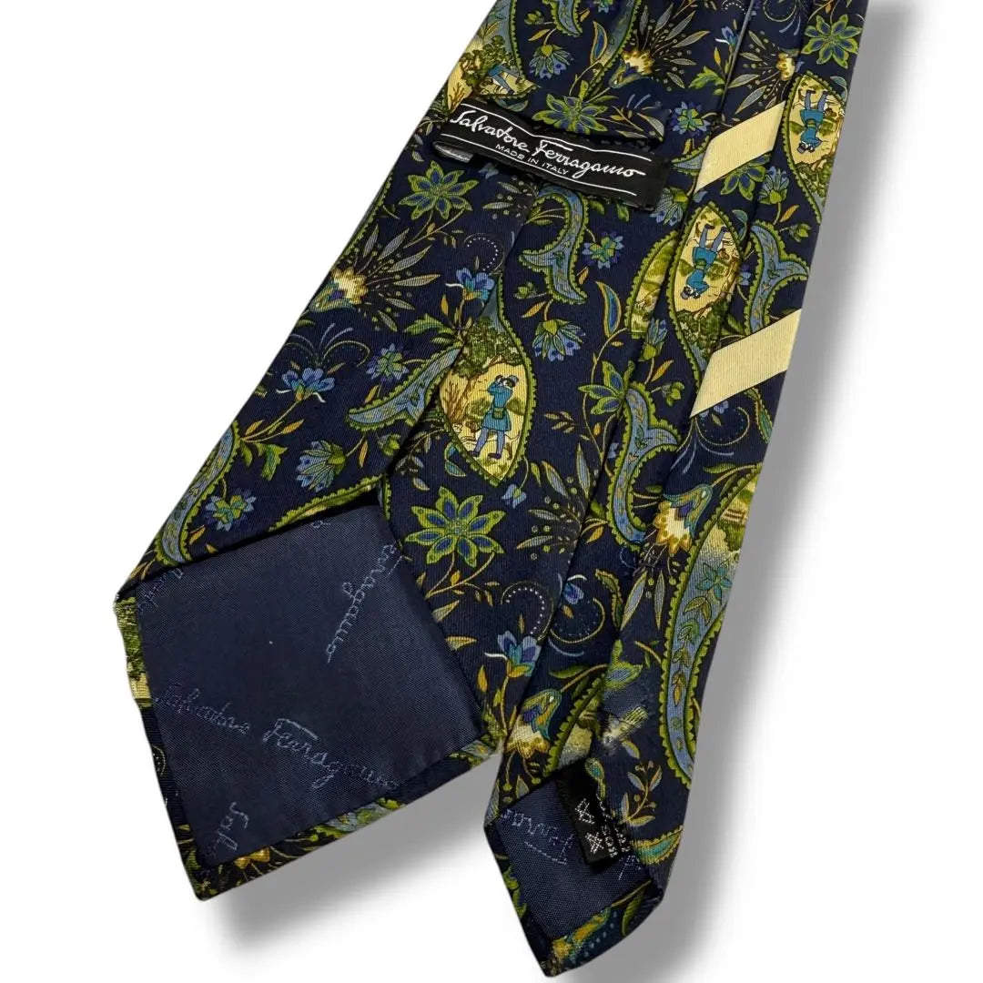 [Limited] Salvatore Ferragamo High-brand Silk Tie Flower Italy Navy