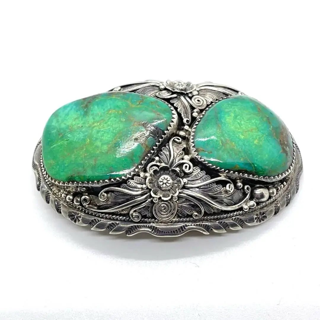 ●NAVAJO ●2 green turquoise stones ●Antique ●Silver buckle