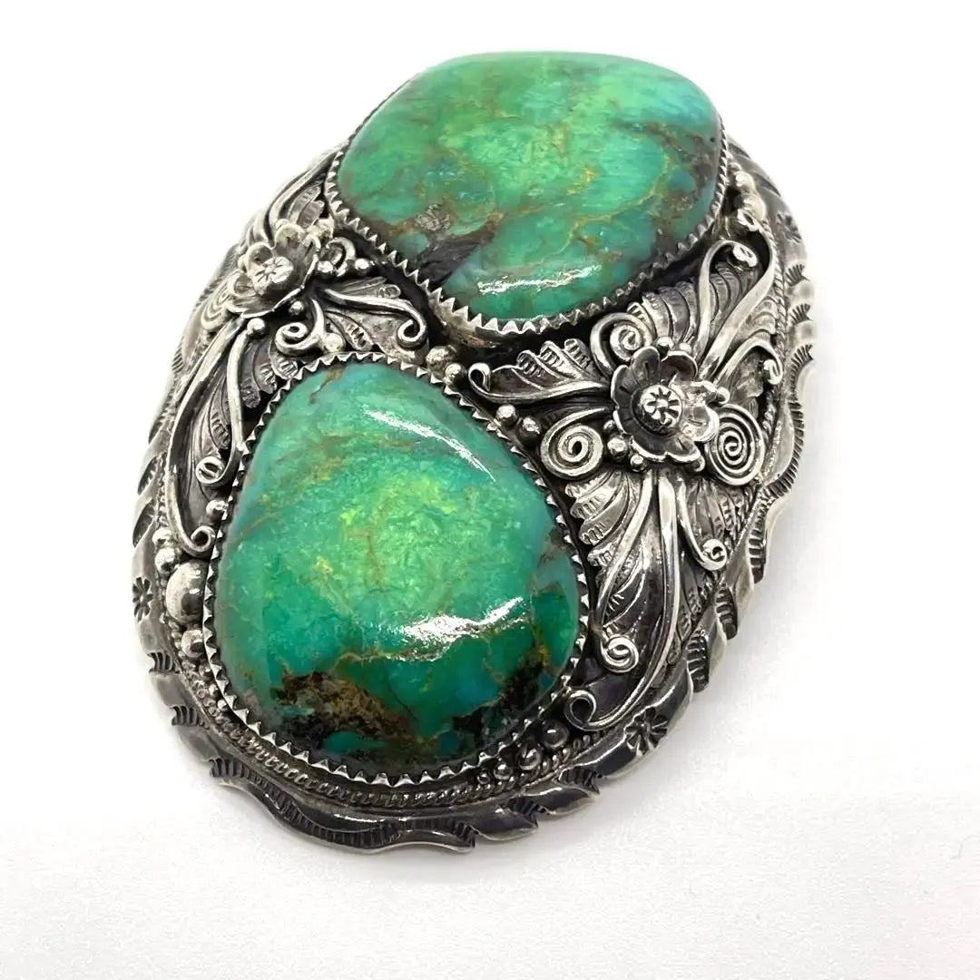 ●NAVAJO ●2 green turquoise stones ●Antique ●Silver buckle