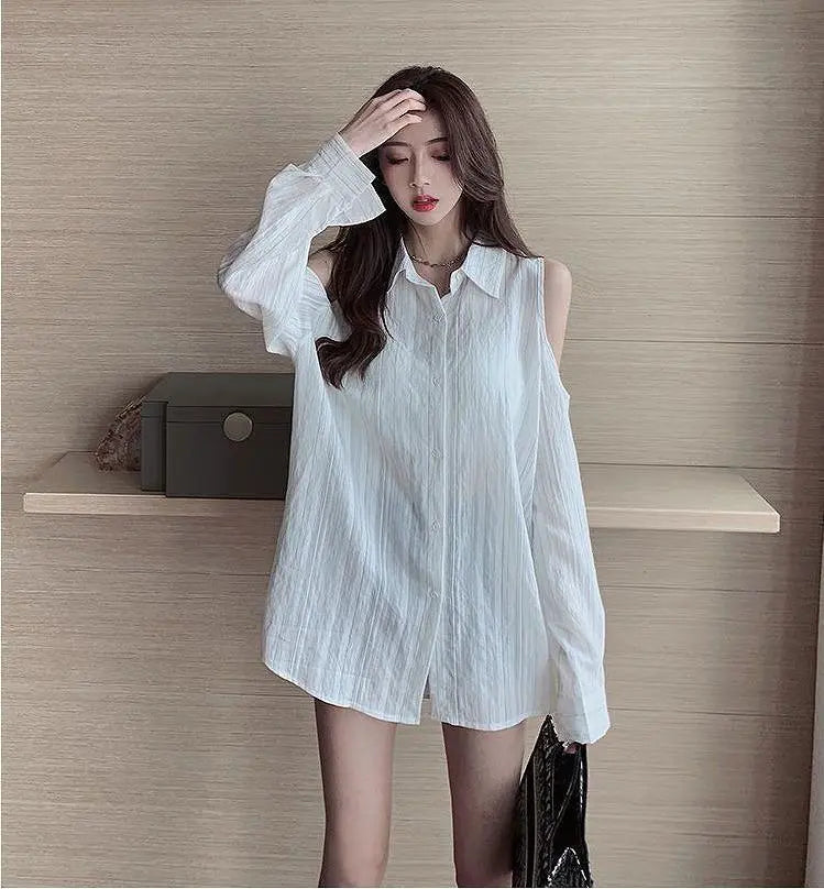 Large size women's cut shoulder striped shirt