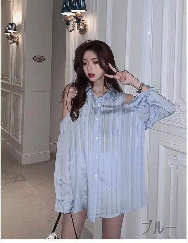 Large size women's cut shoulder striped shirt