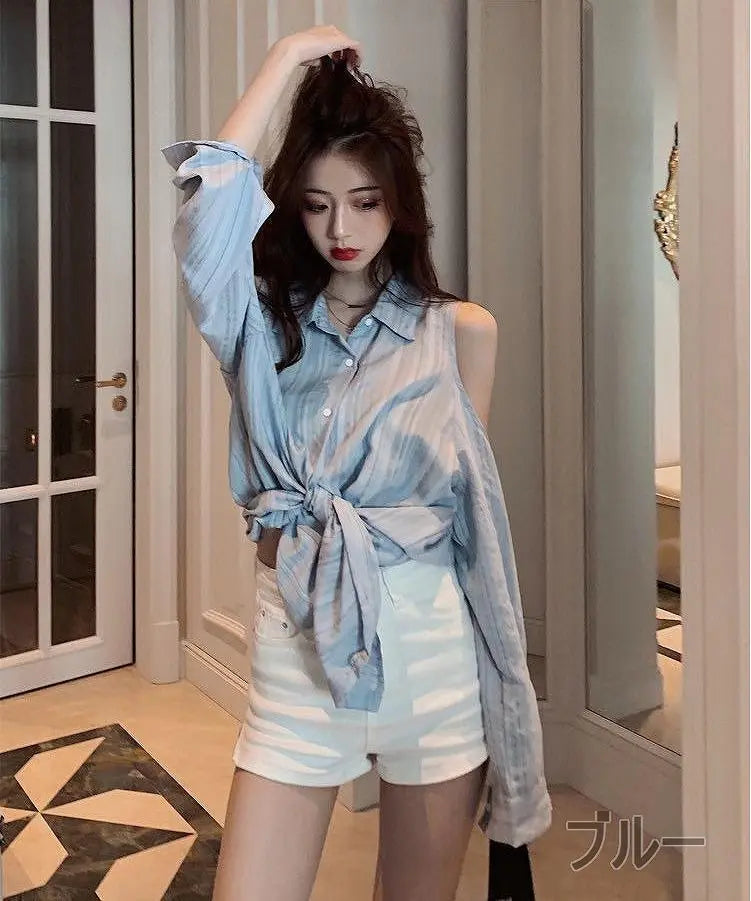 Large size women's cut shoulder striped shirt