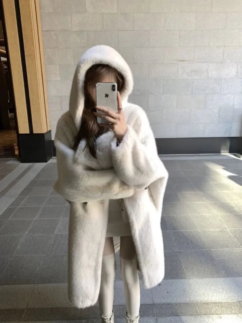 Long hooded fur coat, fluffy, warm, winter