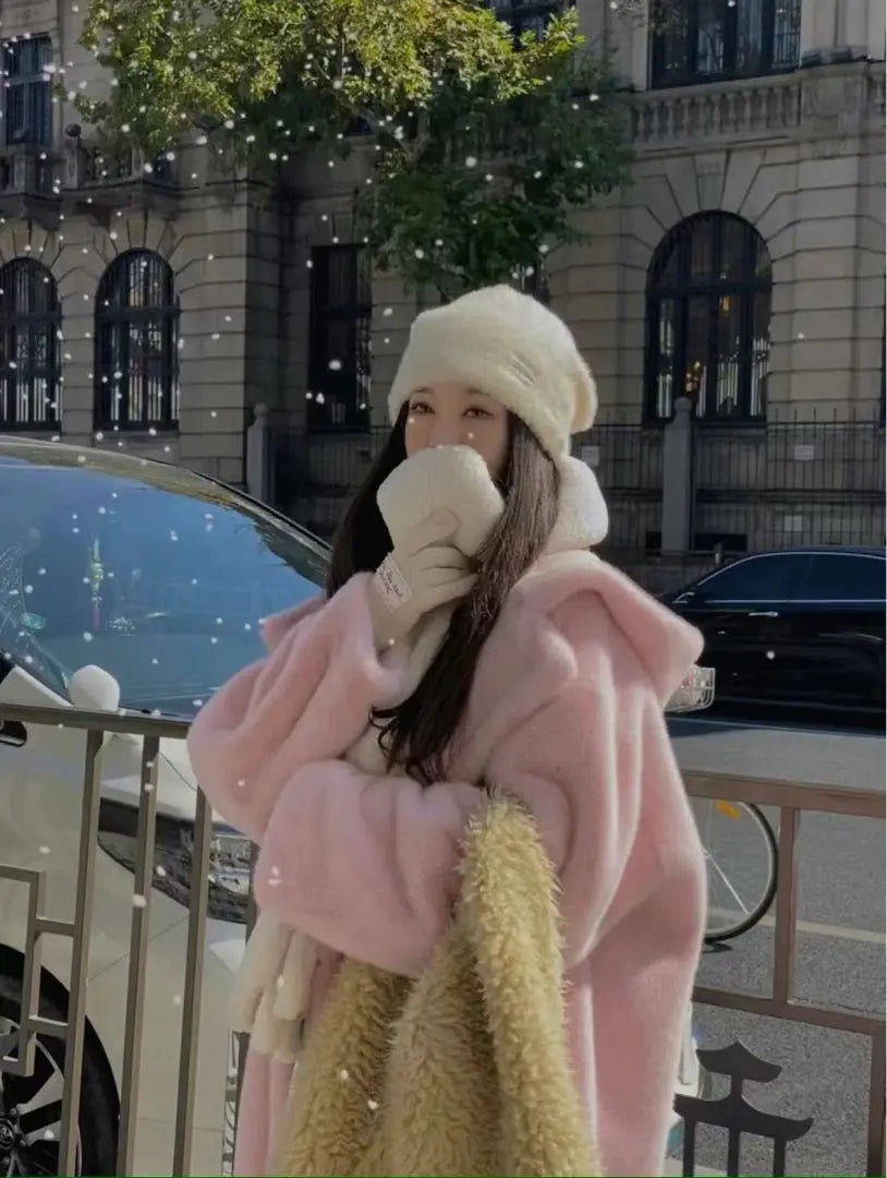 Long hooded fur coat, fluffy, warm, winter